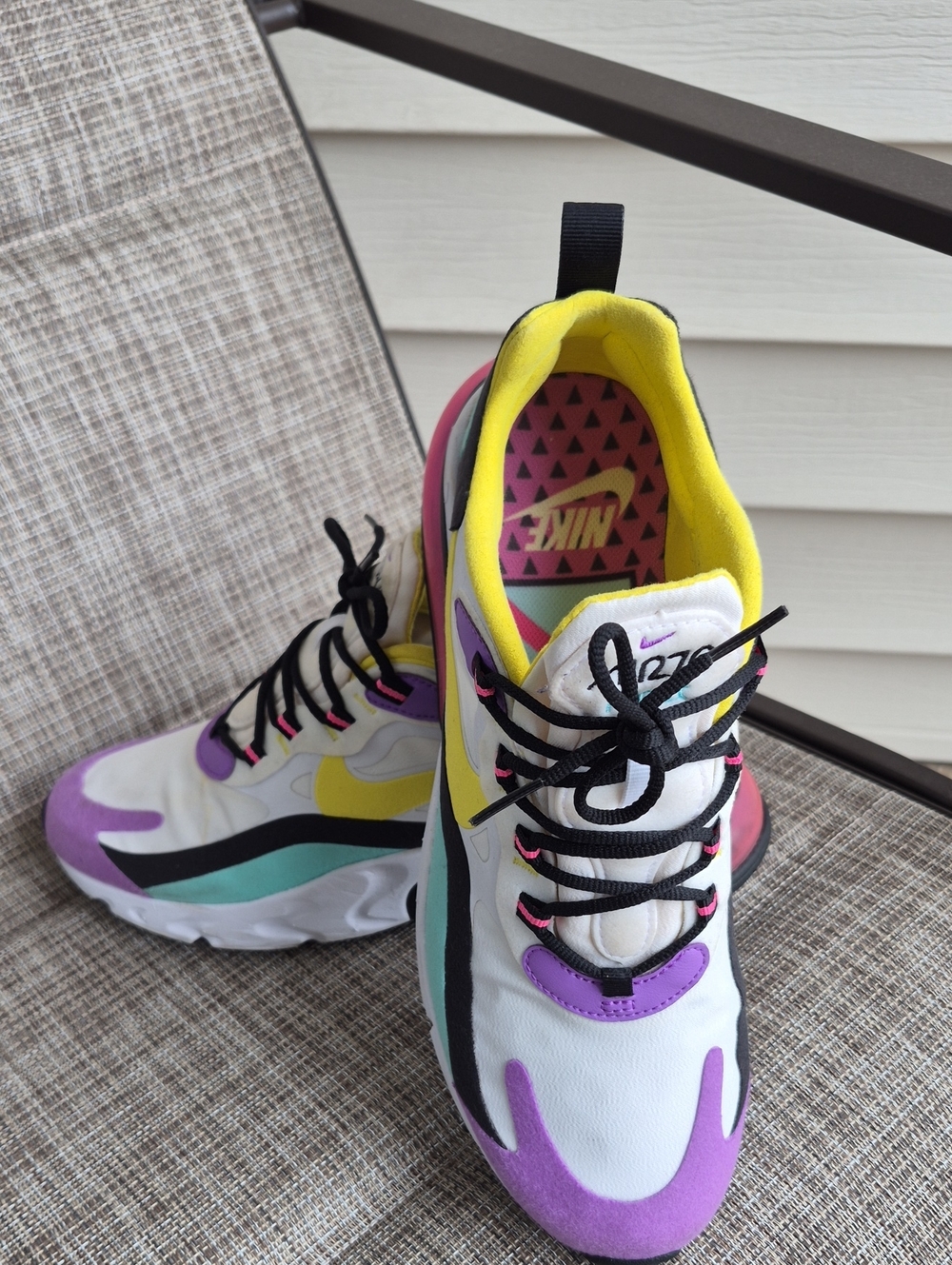 Nike MEN'S  REACT 270 White Athletic Sneakers with Purple, Yellow & Teal Accents
